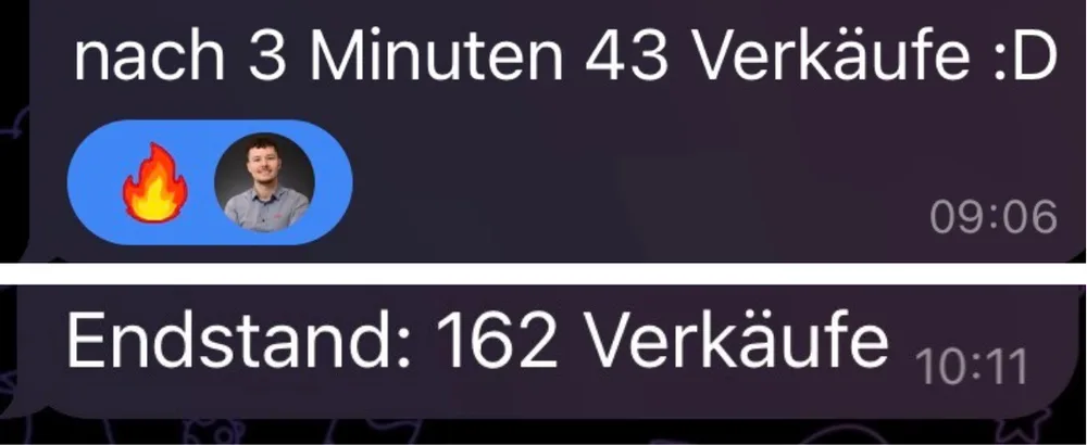 Launch: nach 3 Minuten 43 Verkäufe, Endstand 162 Verkäufe
