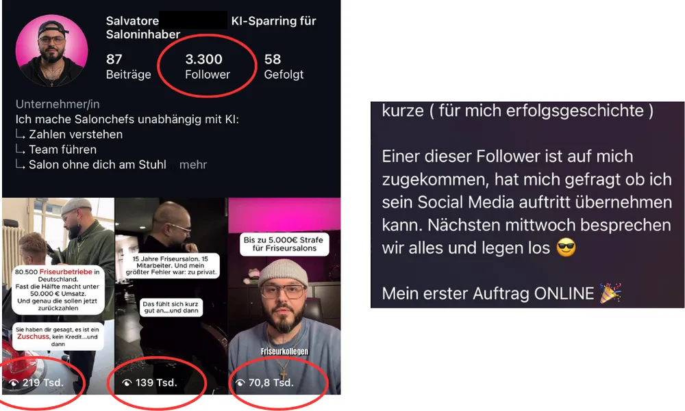 Salvatore: bei null gestartet, 3.300 Follower und erster Auftrag online